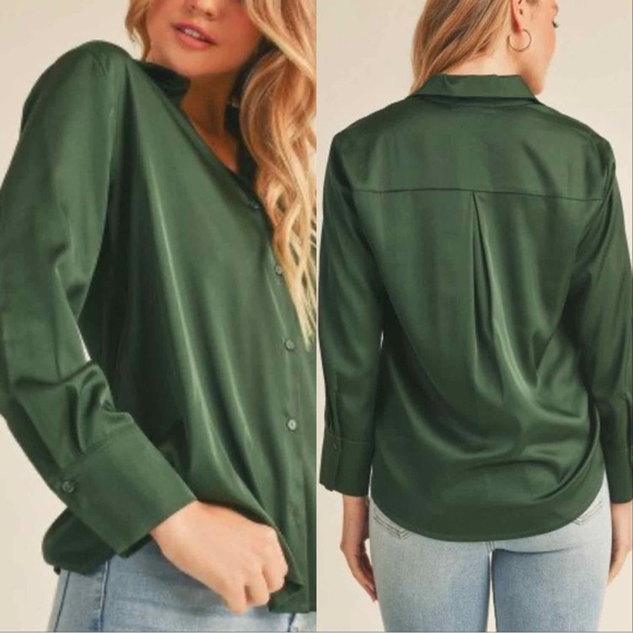 CLASSY SATIN BUTTON DOWN LONG SLEEVE SHIRT - GREEN MALACHITE - Picture 3 of 3